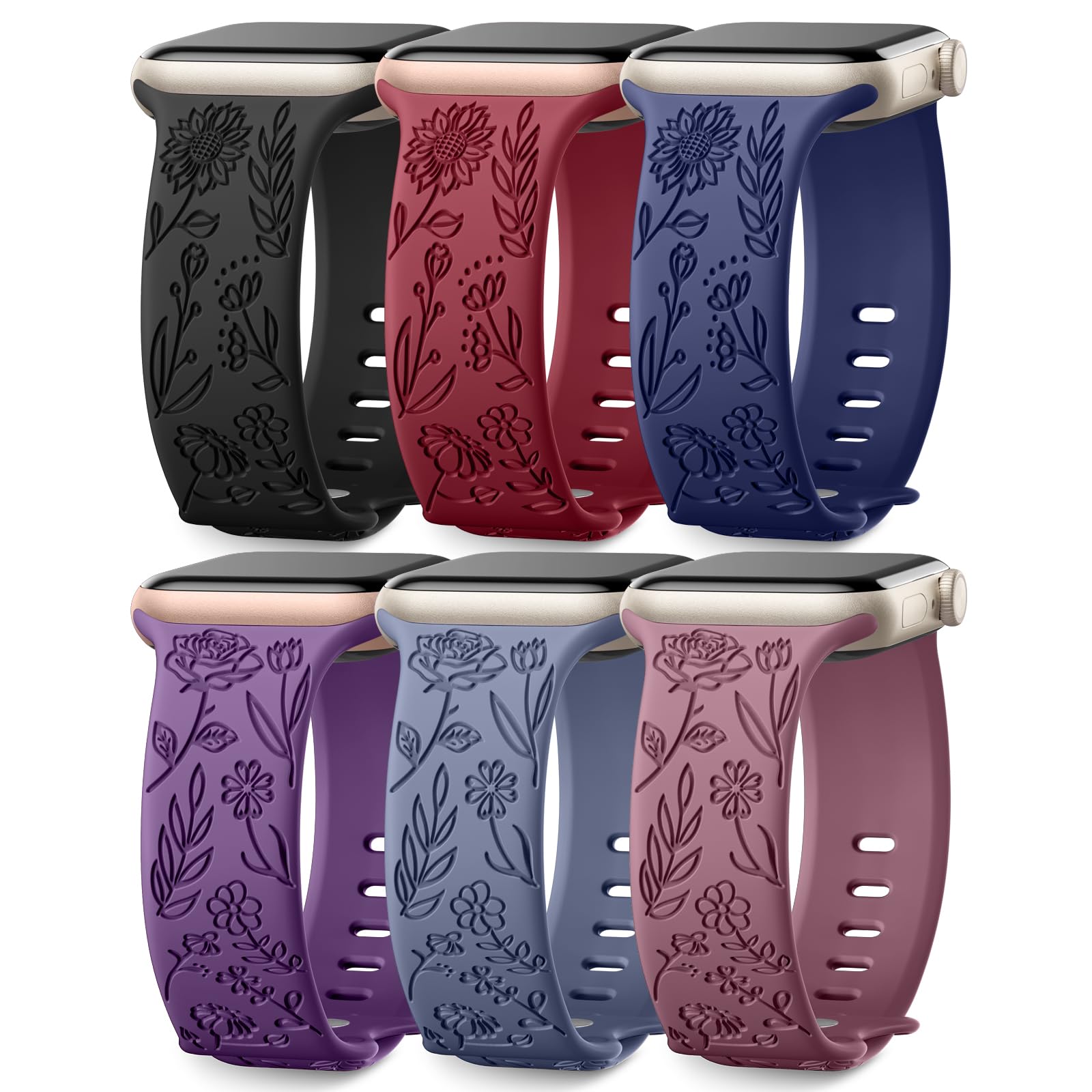 Photo 1 of 6 Pack Floral Engraved Bands Compatible with Apple Watch Band 40mm 44mm 38mm 41mm 45mm 49mm 42mm Women, Soft Silicone Cute Flower Sport Strap for iWatch Bands Series 11 10 9 8 7 6 5 4 3 2 1 SE Ultra 3