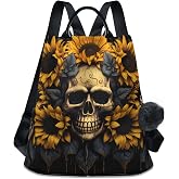 BOENLE Sunflower Smile Skull Travel Backpack Purse for Women Multipurpose Design Ladies Fashion Bag with Pompom