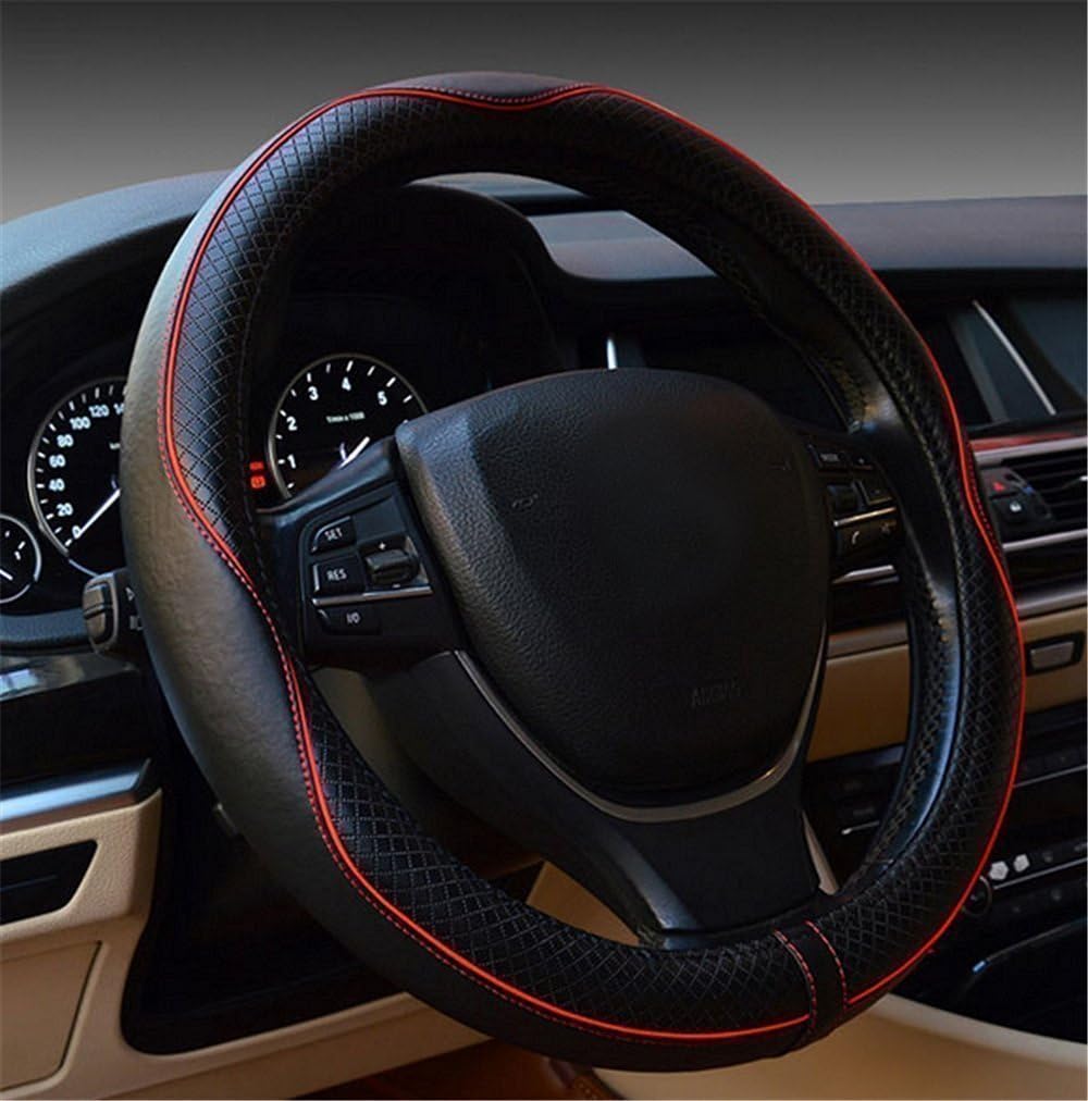 Car Leather Steering Wheel Covers Universal 15 inch Breathable Anti-slip Wheel Wrap (Black+Red)