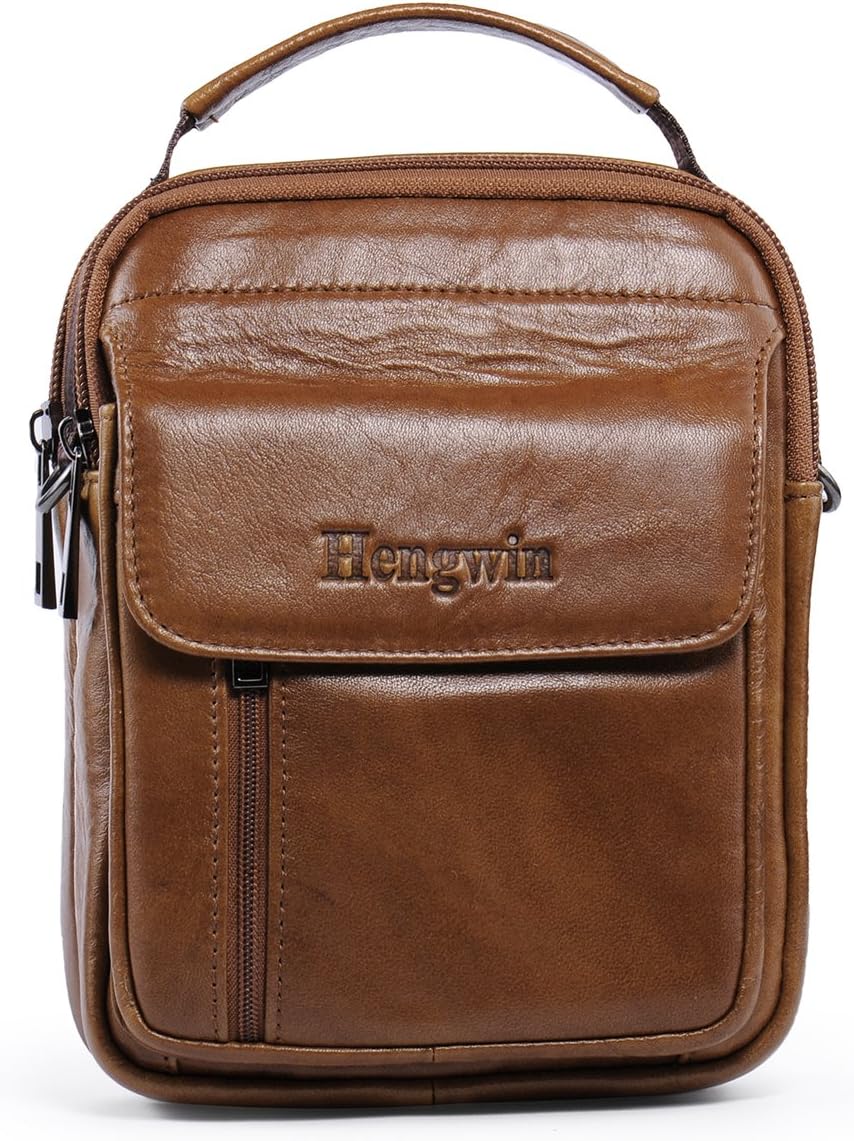 Genuine Leather iPhone 7 Plus Holster Case with Belt Loop Belt Pouch Bag Crossbody iPhone Pouch Men Travel Belt Waist Bag Small Cellphone Purse With Shoulder Strap Fanny Messager Pack+Hwin Ring_Coffee