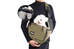 NATUYA Dog Sling Puppy Carrier for Small Dogs with Openable Front Breathable Mesh, Hands Free Pet Sling Travel Bag Adjustable Padded Strap Pockets Large Space for Pet Outdoor Hiking (Green, 3-8lb)