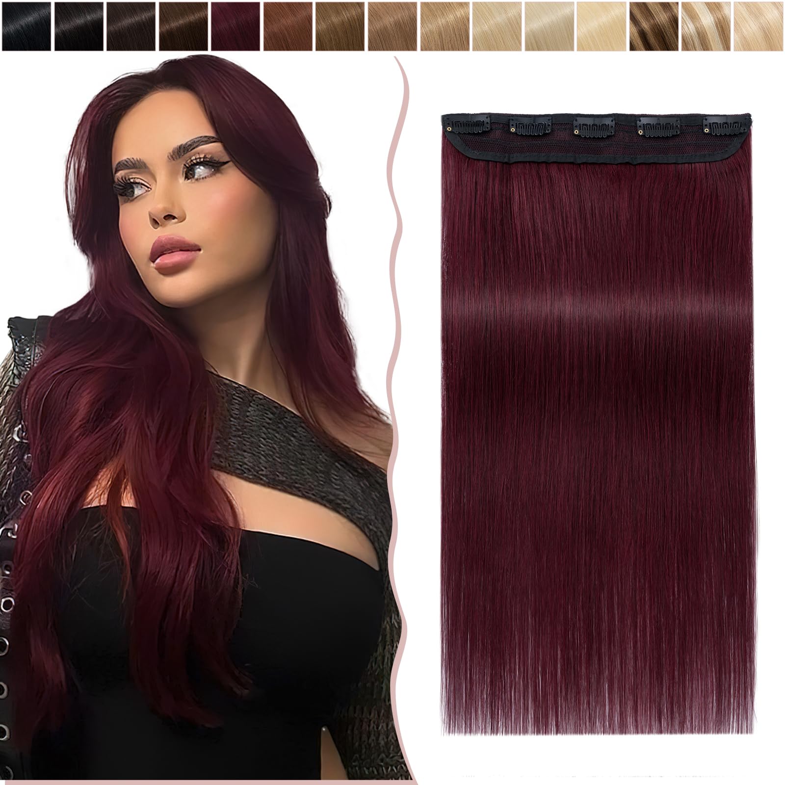 18 inches SEGO One Piece Hair Extensions Clip in Human Hair [#99J Wine Red] Real Remy Hairpieces for Women 3/4 Full Head Straight Invisible (50g) — image 1