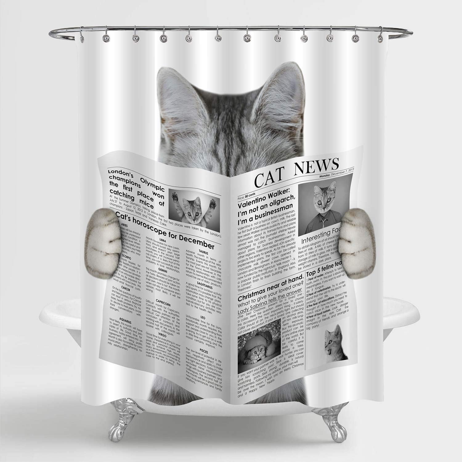 Amazon Com Mitovilla Cute Cat Reading A Newspaper Shower Curtain Set With Hooks Funny Cat Themed Gifts For Baby Kids And Teen Children Bathroom Decor Grey 72 W X 84 L X Long For