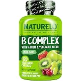 NATURELO Vitamin B Complex, 120 Capsules, Vegan, CoQ10, Methyl Folate | Biotin, Fruit &amp; Vegetable Blend, Supports Energy And Healthy Stress Response, Super B Complex Vitamins for Women and Men