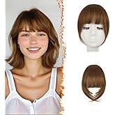 BARSDAR Real Human Hair Clip in Bangs - 100% Human Hair Clip in Bangs for Women - Brown French Bangs Extensions Fringe with Temples Real Hair Fringe Hairpieces - Medium Golden Brown