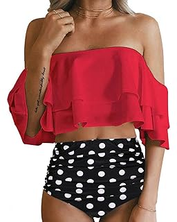 Tempt Me Women Two Piece Off Shoulder Ruffled Flounce Crop Bikini Top with Print Cut Out Bottoms