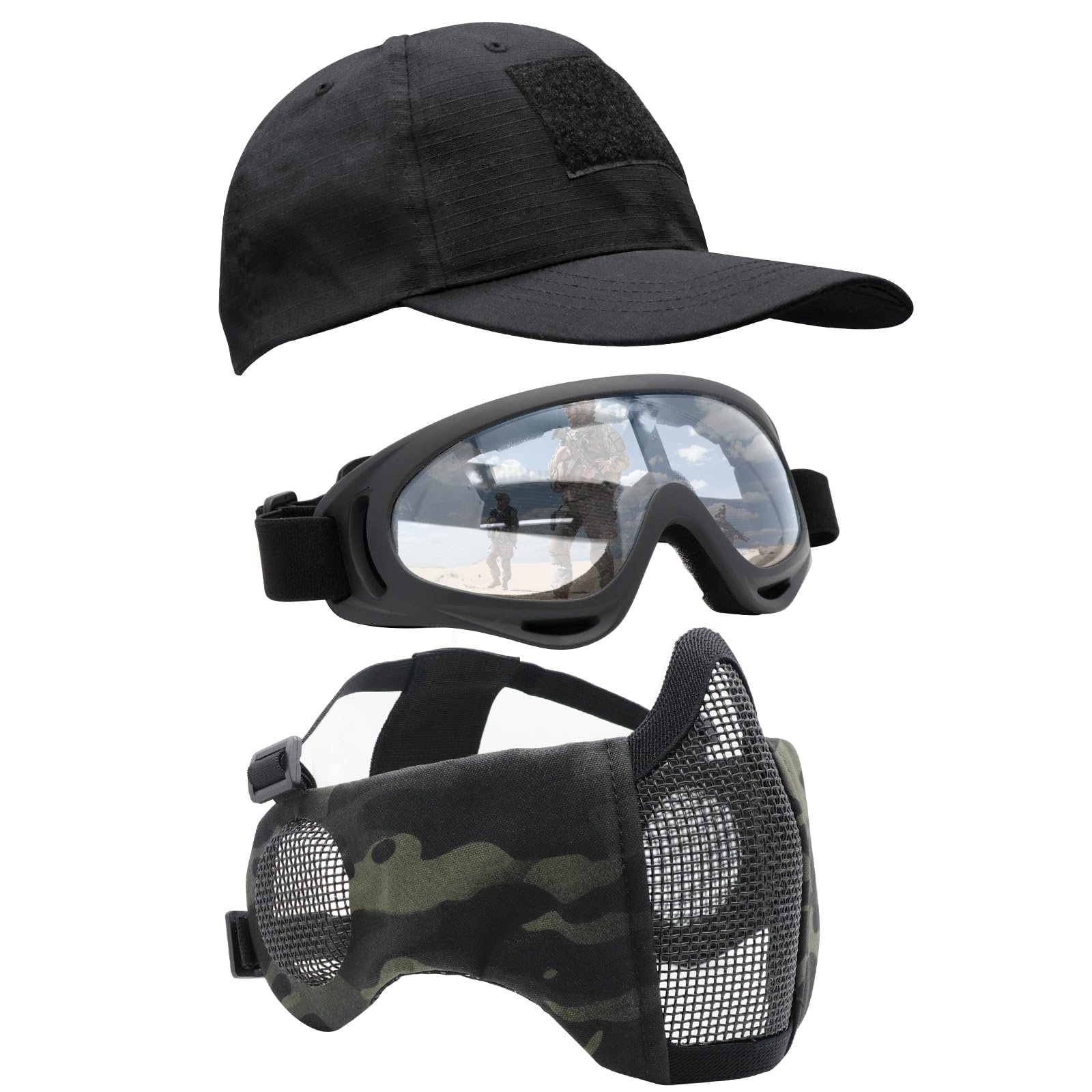 Yzpacc Airsoft Half Face Mask with Goggles& Patch Hat Set, Tactical Masks Full Face Ear Protective Baseball Cap for CS Halloween and Game (CPB, 3PCS)
