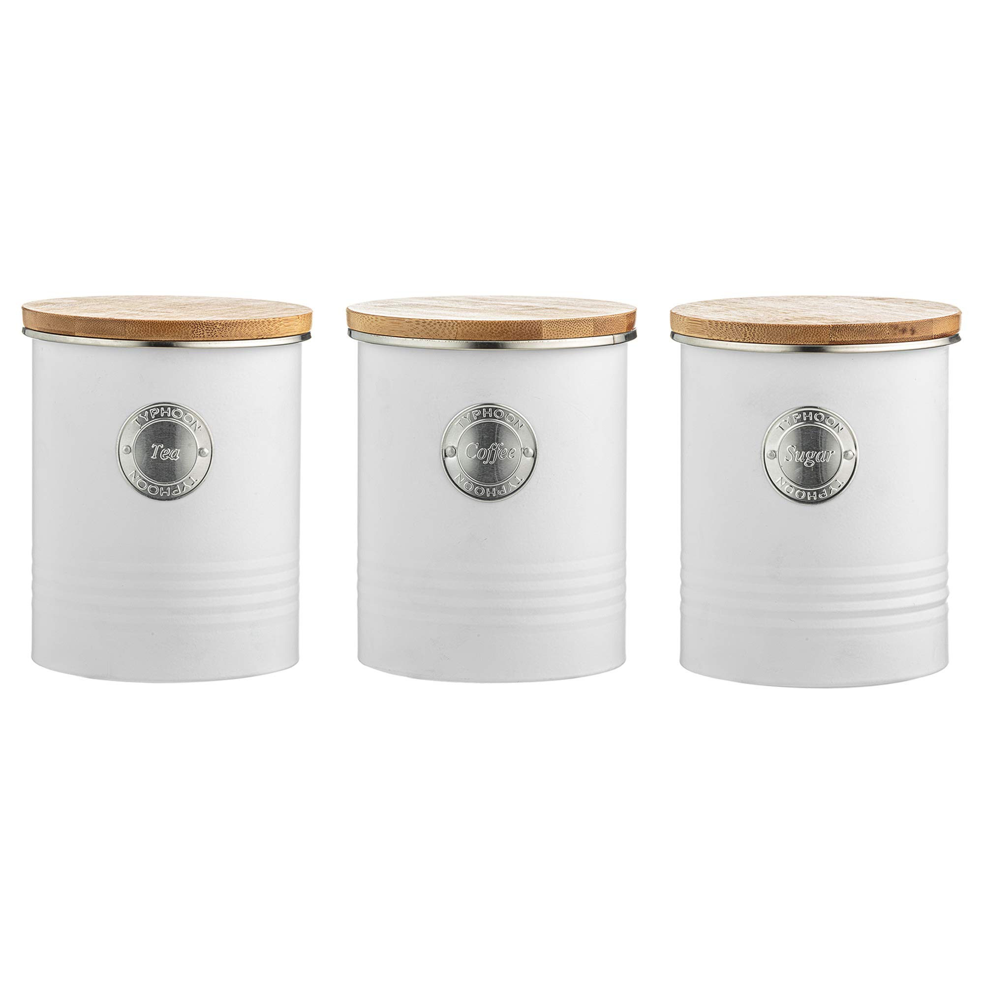 EHC Arctic Set of 3 Round White Tea, Coffee & Sugar Storage Container Jar With Airtight Lids, 1Litre - White