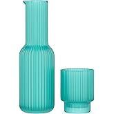 American Atelier 30 oz Ribbed Glass Water Carafe Set with Tumbler, Set of 2 – 10" Easy Pour Spout, Cup for Office, Kitchen & Bedside Use, Stylish and Functional Drinkware (Aqua Blue)