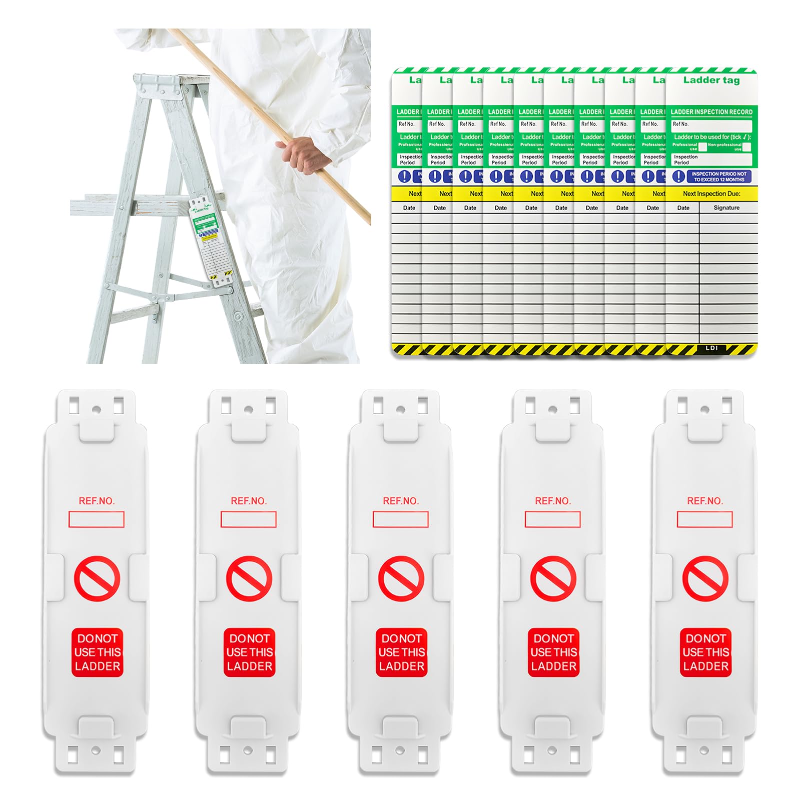 Ladder Tags,Waterproof Ladder Inspection Tags-5 Holders and 10 Ladder Inspection Tag Inserts Inspection Record Kit for All Ladder Types Protect Ladder Safety for Indoor & Outdoor