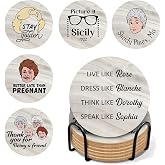 Golden Girls Coasters Set of 6 with Holder, Cork Backed Non-Slip Drink Coasters for Table Protection, Funny TV Show Merchandise Gift for Women Fans, Housewarming Gift