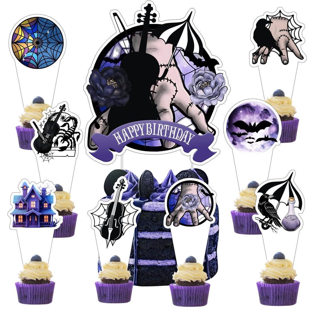 Photo 1 of 25Pcs Wednesday Cake Decorations with 24pcs Cupcake Toppers, 1pcs Cake Topper for Wednesday Birthday Party Supplies