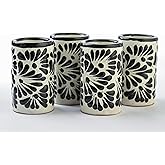 MEXTEQUIL - Talavera Shot Glasses Set of 4 Authentic Mexican Tequila Shot Glasses - Hand-painted - 2 Oz (Black Brushstroke White Background)