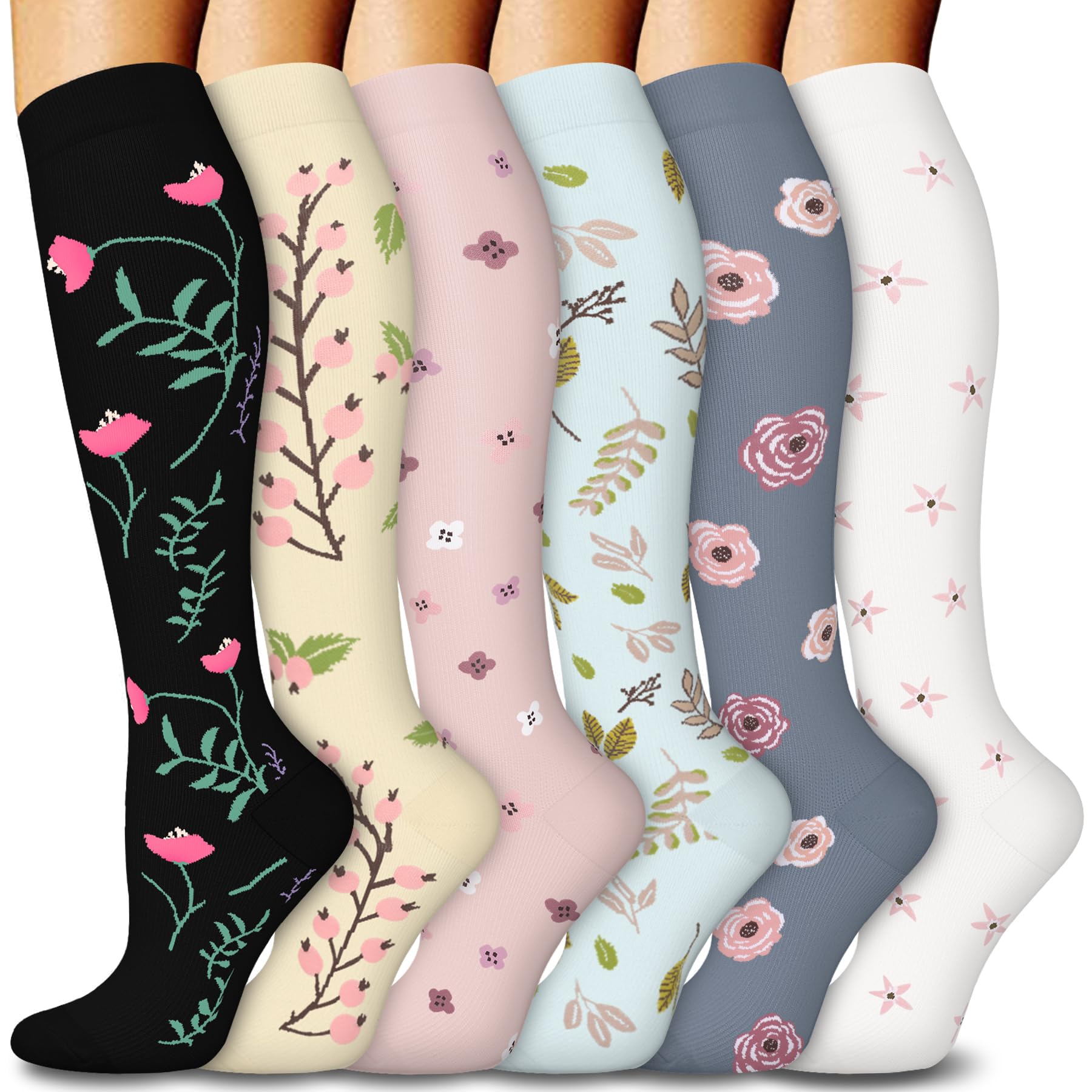Photo 1 of 6 Pairs Compression Socks for Women & Men 15-20mmHg Graduated Support Knee High Socks for Nurses, Travel, Athletic