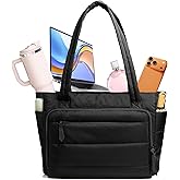 Yarwo Puffy Teacher Tote Bag for Women, Lightweight 15.6 inch Laptop Bag with Accordion File Organizer Pocket and Cup Holder