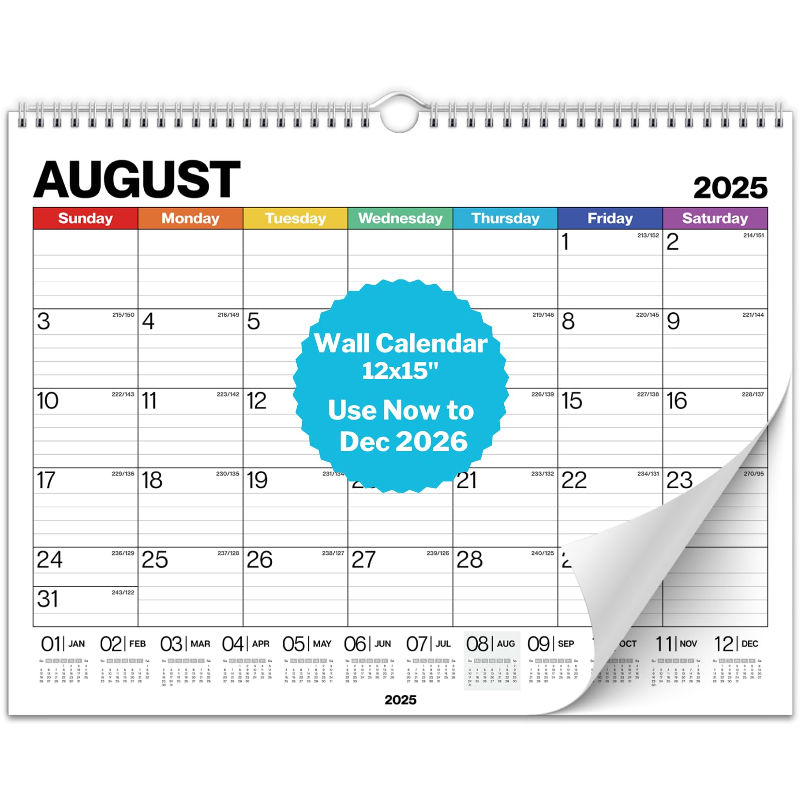 Photo 1 of Dunwell 12x15 Wall Calendar 2025-2026 (Colorful), Use Now to Dec 2026, Large Lined 12 x 15 Monthly Calendar, Professional Styling for Home or Office, Premium Paper
