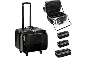 OCHEAL Rolling Makeup Train Case, 20"Carry On Travel Cosmetic Organizer Suitcase,Extra Large Storage Trolley Makeup Case On Wheels,3 Layers with 3pcs Traveling Bags, for Hairstylist Cosmetology Artist