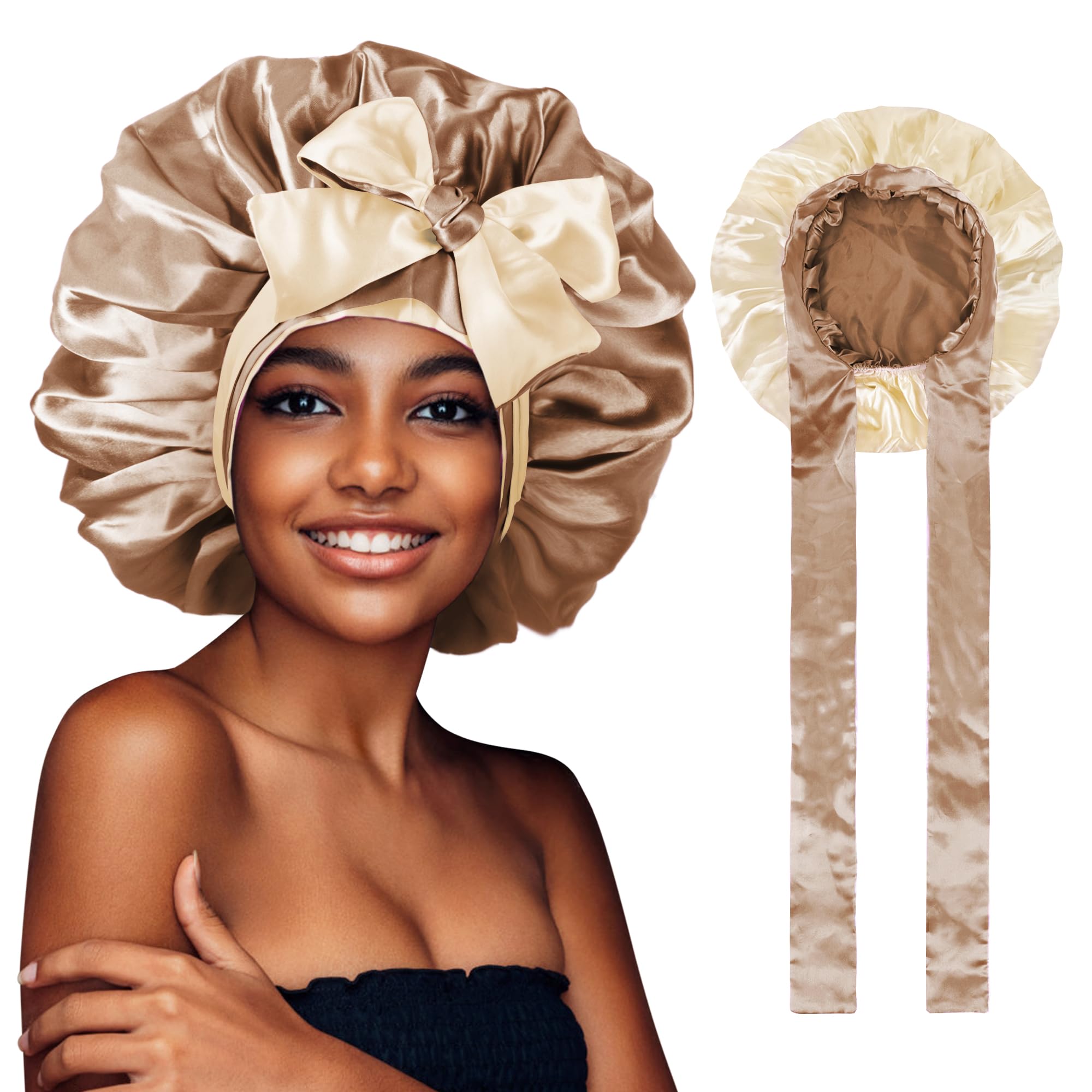WEIPAO Bonnet for Sleeping - Large Double Hair Wrap Sleeping for Sleeping Curly Hair Cap Sided Reversible with Tie Band Coffee