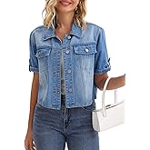 CIMUK Womens Spring Cropped Jean Jacket Collared Button Up Short Sleeve Denim Jackets