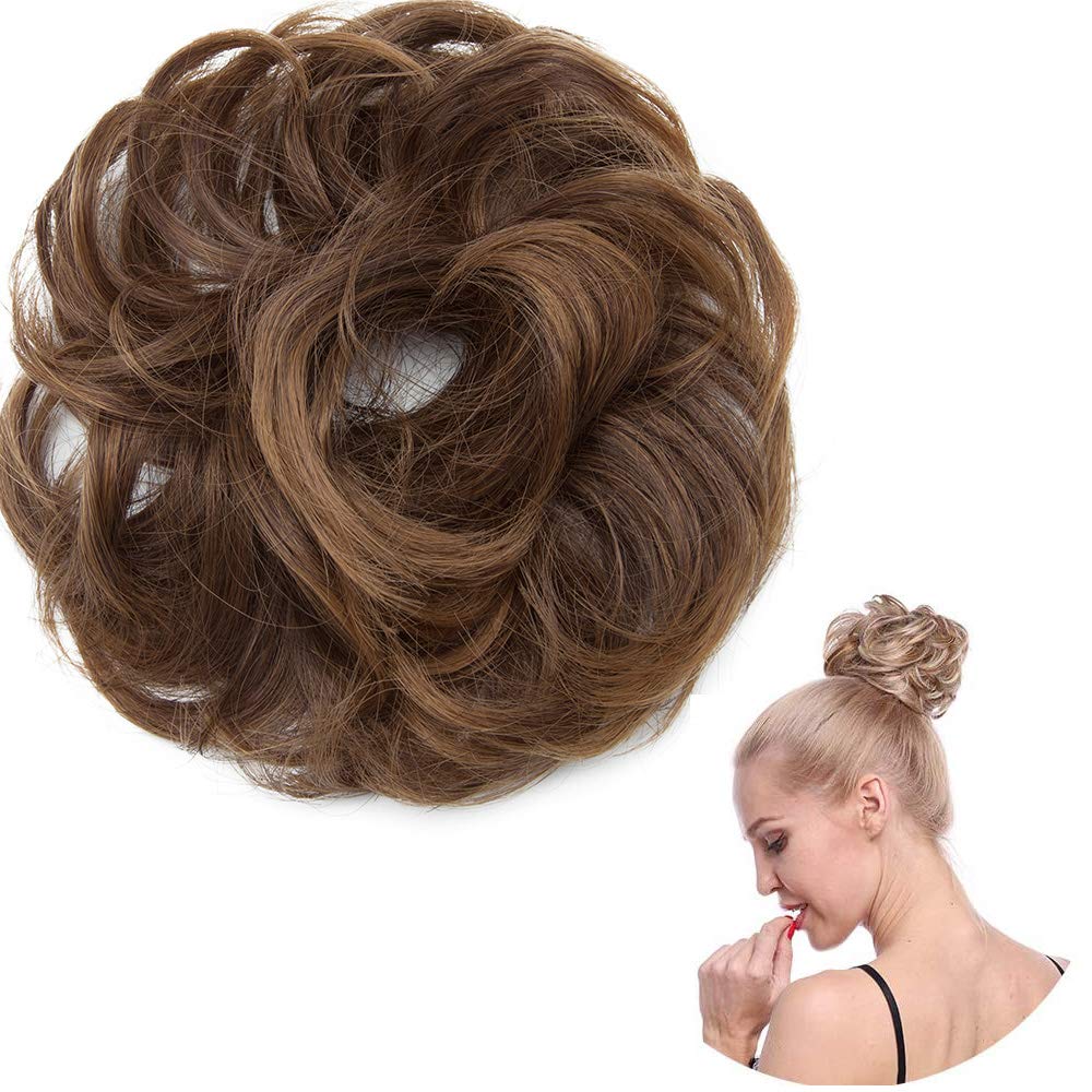 Thick Hair Donut Scrunchie Bun Hairpiece Scrunchy Wavy Curly Messy Hair Chignon Ponytail Extension [Light Brown & Coffee Brown]