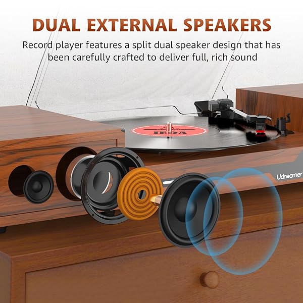 VINYL RECORD PLAYER WITH SPEAKERS,BLUETOOTH PORTABLE TURNTABLE FOR VINYL RECORDS,PHONOGRAPH LP PLAYER WITH 3 SPEED USB RCA IN VINTAGE BROWN