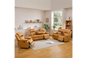 Caberryne Leather Recliner Sofa Set，Leather Reclining Couch for Living Room Furniture Sets，Ginger Recliner Couch with 5 Recliners for Living Room/Office/Theater Seating(Sofa Set 3 Pieces)