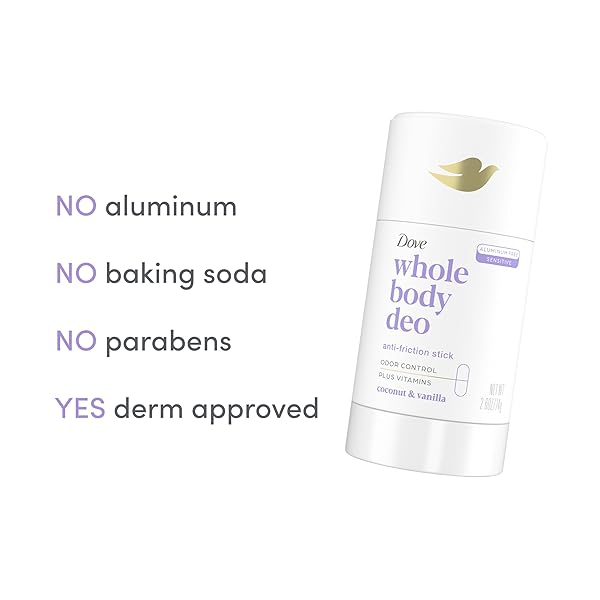 DOVE WHOLE BODY DEO ALUMINUM FREE ANTI-FRICTION DEODORANT STICK COCONUT + VANILLA FOR ALL DAY ODOR CONTROL 2.6 OZ