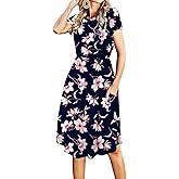 Simier Fariry Womens Summer Modest Work Casual Midi Knee Dress Pocket Short Sleeve Teacher Outfits Spring Travel Clothes
