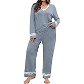 Blooming Jelly Women Plus Size Pajamas Sets Cute Lace Lounge Set Long Sleeve Pj Sets V Neck Loungewear Fall Outfit