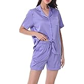 DAVID ARCHY Satin Pajama Set for Women 2 Piece Soft Summer Sleepwear Short Sleeve Button Down Top Shorts Silky Lightweight Pj