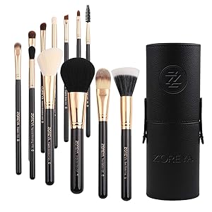 Zoreya Premium Travel makeup brush set 12 pieces essential Cosmetic tools Synthetic Hair Foundation Powder Eye Cosmetic brushes With Black Holder For Valentines Gifts