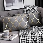 DEZENE Gold Velvet Throw Pillow Covers: 2 Pack 12x20 Inch Rectangular Decorative Pillow Cases for Bedroom Sofa Couch Living Room, Light Grey