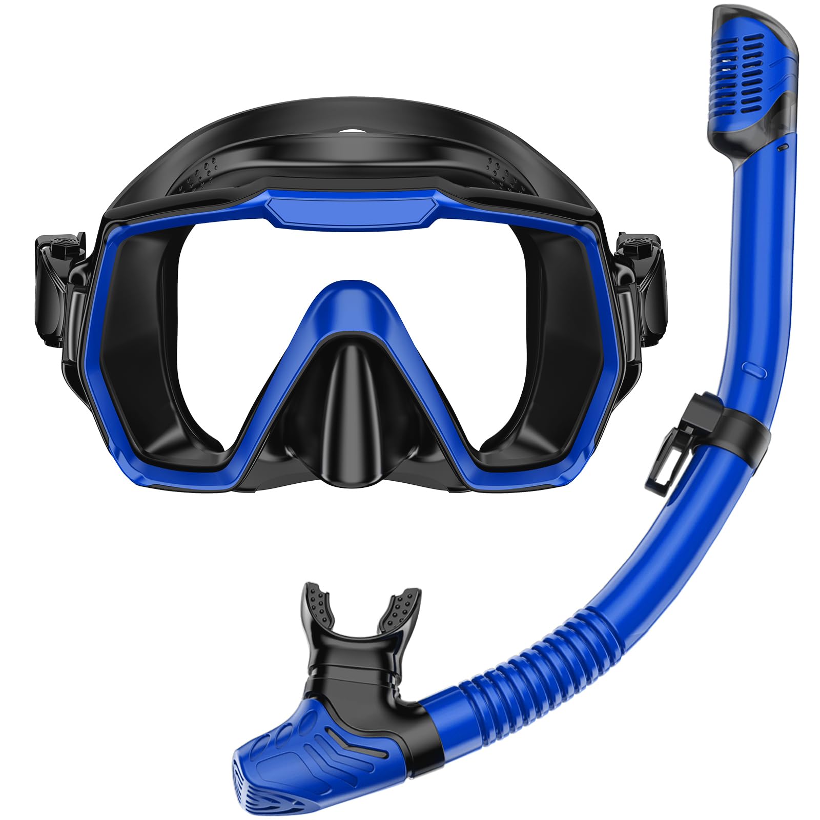 Snorkel Set Adults Snorkeling Gear Anti-Leak and Anti-Fog Tempered Glass Lens Panoramic View Swim Mask Dry Top Snorkel Kit for Snorkeling Scuba Diving Swimming Travel with Carry Bag Blue