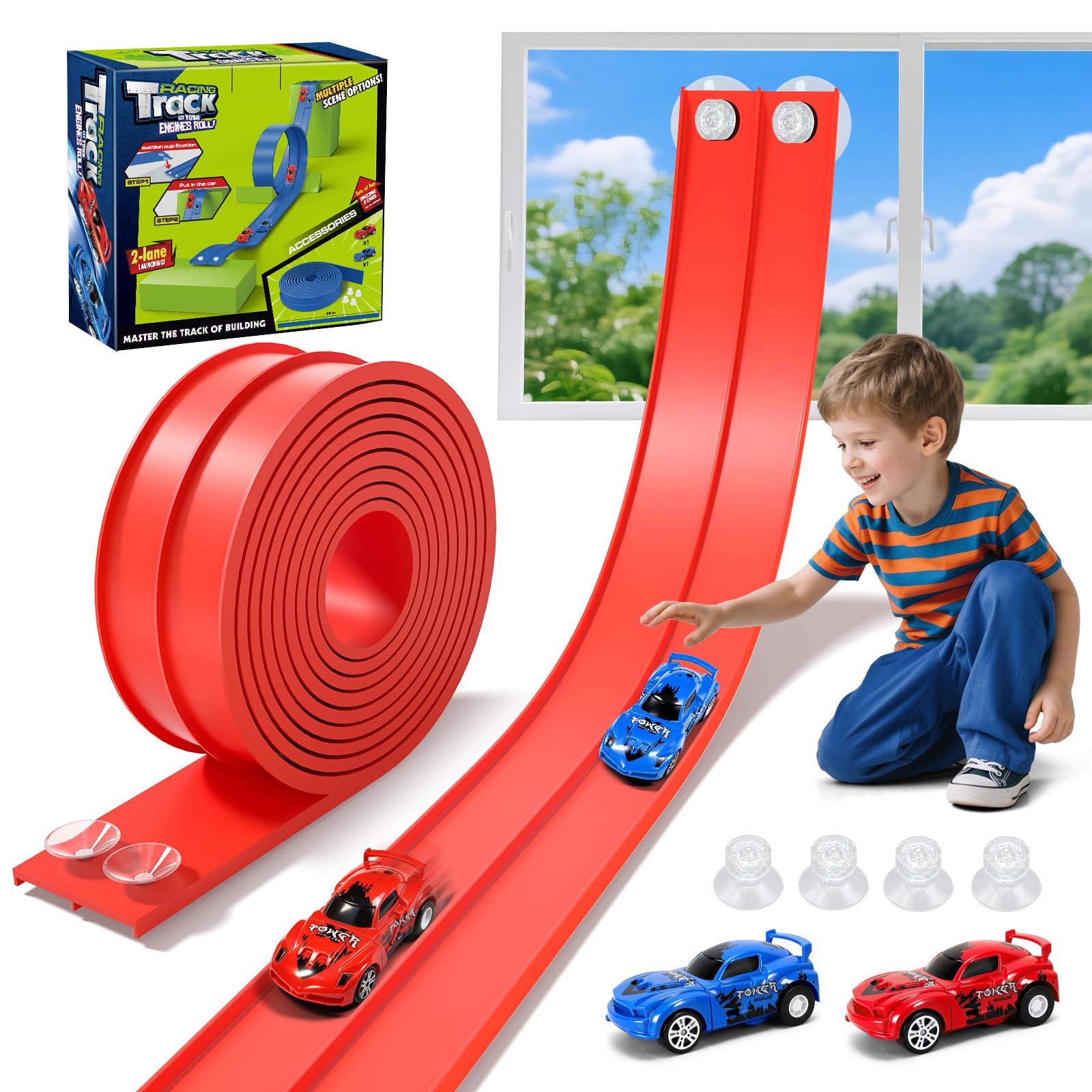 Flexible Race Track 5M: KETIEE Car Track for Kids, Car Ramp Toy with 2 Racing Cars 4 Suction Cups, Rolls Up Portable Dual Racetrack Birthday Gifts for 3 4 5 6 7 8 Years Old Boys Girls Kids, Red