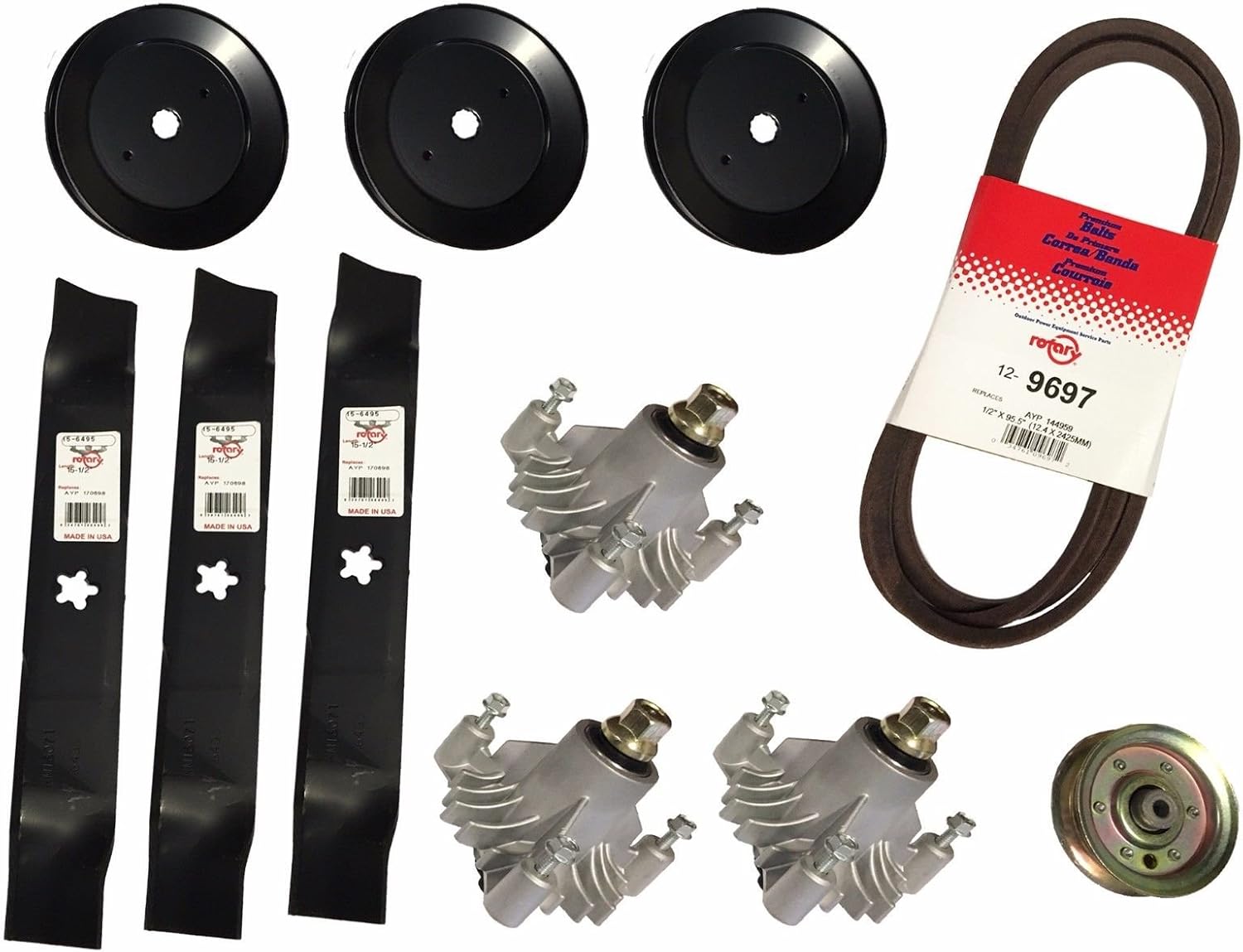 Amazon Com 46 Deck Rebuild Kit Compatible With Craftsman Kits Including 3 Spindles 143651 3 Deck Pulleys 143651 1 Idler Pulley 131494 3 Blades 170698 1 Belt 144959 Garden Outdoor
