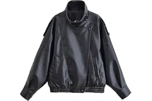 Sexyshine Women's Vintage Oversized Faux Leather Jacket Zipper Up Button Stand Collar Motorcycle Bomber Outcoat