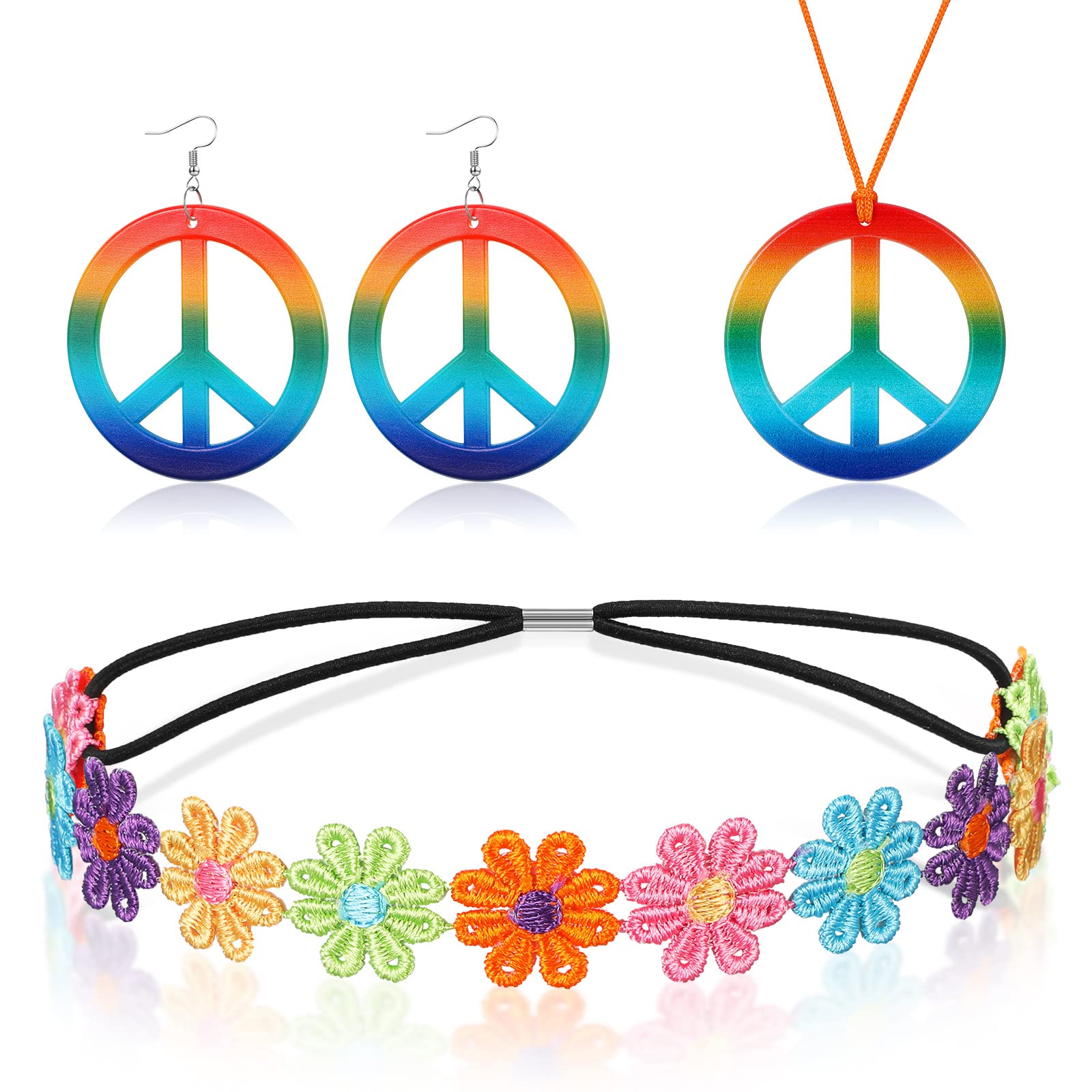 BBTO 3 Pcs Hippie Costume Set Hippie Dressing Accessory Set, Including Daisy Headband, Rainbow Peace Sign Necklace and Earrings 60s Dressing Accessory for Halloween 70s Party