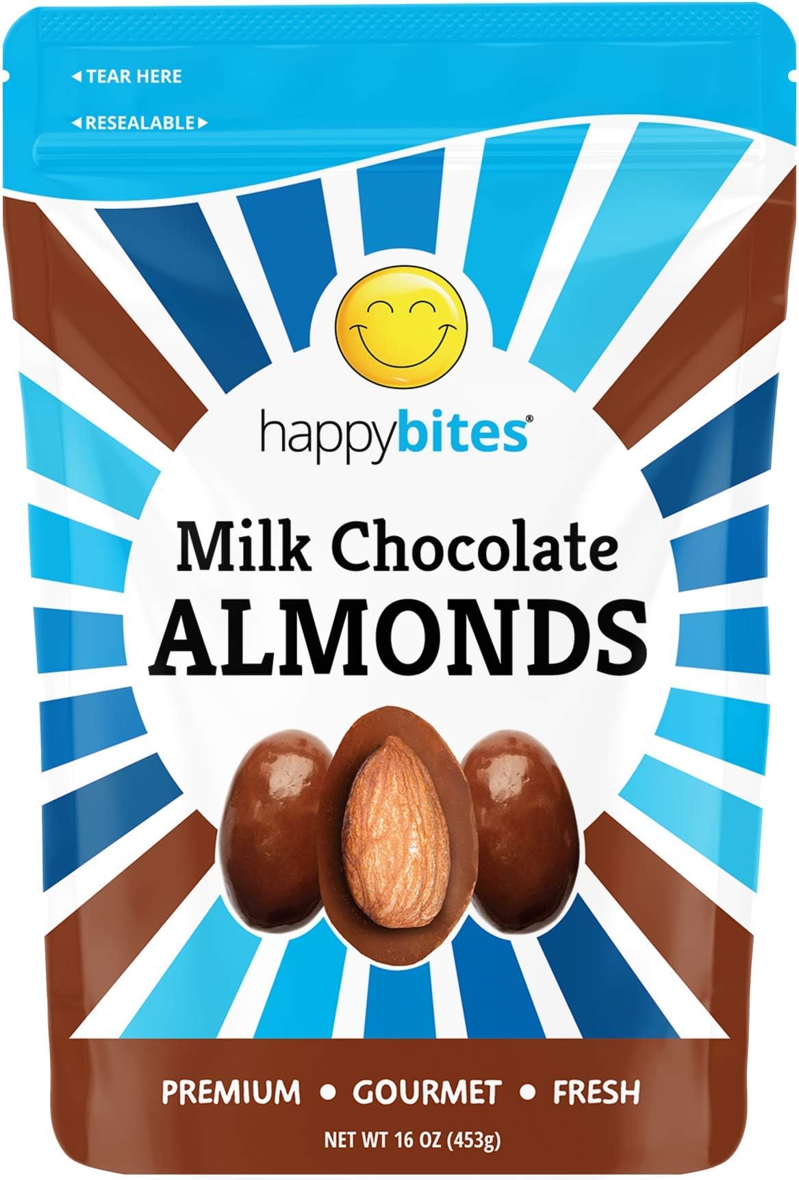 Happy Bites Milk Chocolate Covered Almonds - Pure Milk Chocolate - Resealable Pouch Bag (1 Pound)