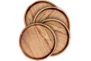 Wooden Plates Round Dinner Plates 8 Inch Acacia Wood Serving Tray Wooden Serving Platters for Home Decor, Food, Vegetables, F