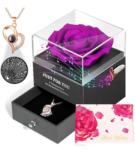 AuraBrillyn Preserved Purple Roses With Heart Necklace Gift Set – LED Light Box, Eternal Flowers - View #6
