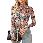 FLORENCE IISA Women's Floral Lace Mesh Long Sleeve Top, See Through Mock Neck Shirt, Sexy Party Going Out Sheer Tops