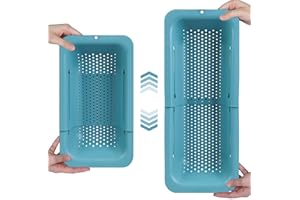 BLUE GINKGO Over the Sink Colander Strainer Basket - Wash Vegetables and Fruits, Drain Cooked Pasta and Dry Dishes - Extendable - New Home Kitchen Essentials (7.9 W x 14.5-19.5 L x 2.75 H) - Teal