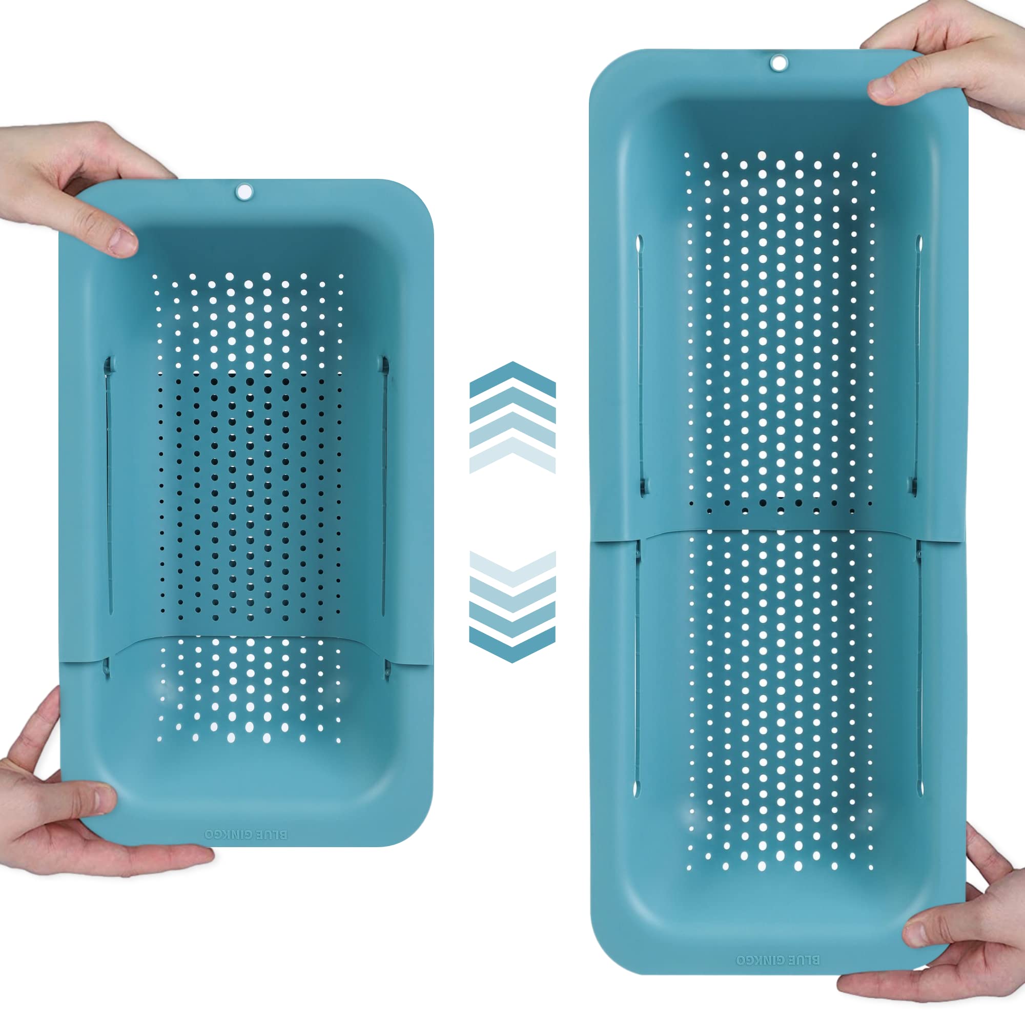 BLUE GINKGO Over the Sink Colander Strainer Basket - Wash Vegetables and Fruits, Drain Cooked Pasta - Extendable - Kitchen Essentials (7.9 W x 14.5-19.5 L x 2.75 H) - Teal