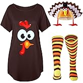 Cutecrop 3 Pcs Thanksgiving Turkey Shirt Costumes Set Turkey Face Dress Gobbler Hats Knee High Socks for Women