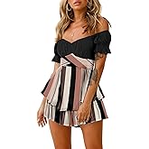 Fixmatti Women's Color Block Romper Off The Shoulder Short Sleeve Ruffle Jumpsuits Playsuit