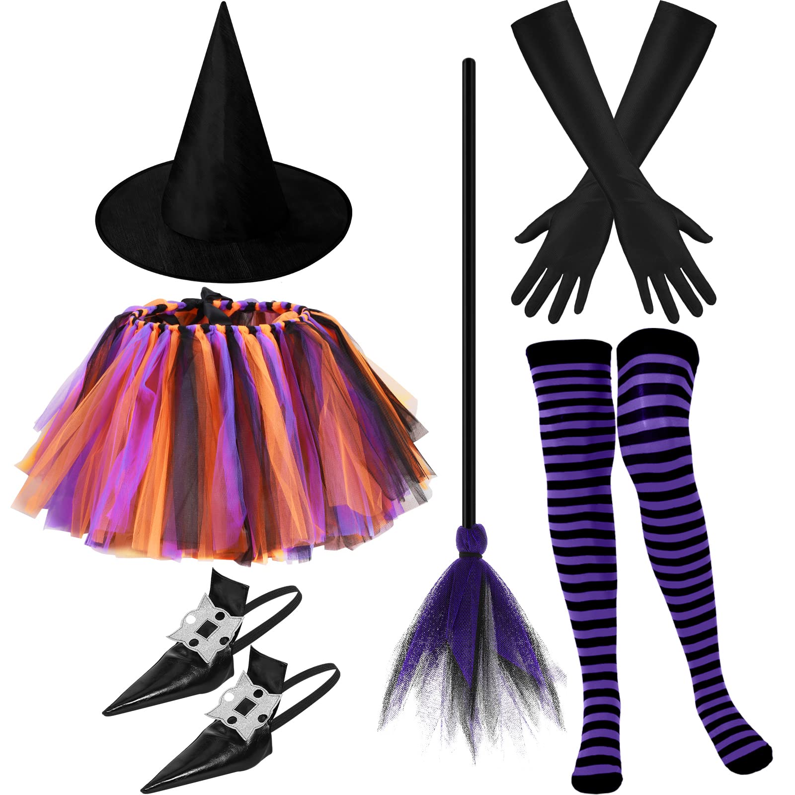 Photo 1 of Seematn 6 Pcs Halloween Witch Costume Sets for Women, Purple Tutu Witch Accessories, Include Broom, Shoes Covers, Tutu Outfit, Hat, Gloves and Long Striped Stockings for Women Cosplay Party