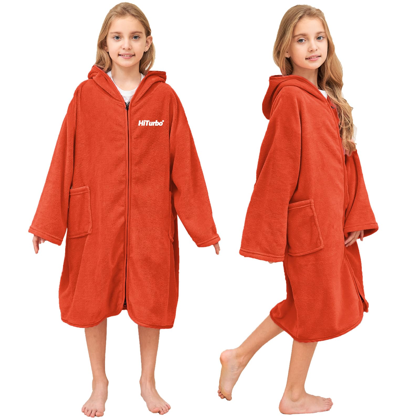 Photo 1 of Hiturbo Kids Bath Towel Hoodie: Soft Plush Zipper Surf Poncho - Warm Fleece Changing Towels Swimming Outerwear (Orange)