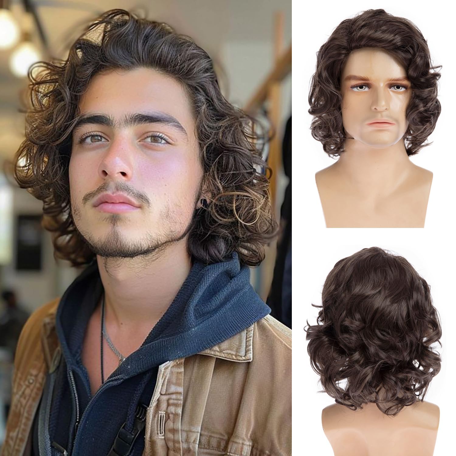 Qnbiar Mens Short Curly Brown Wig Handsome Synthetic Full Wigs Natural Halloween Cosplay Costume Hair Wig