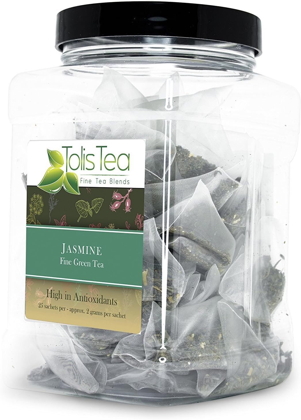 Tolis Tea Jasmine Tea, Fine Green Tea, Premium whole leaf pyramid tea sachet bags, High In Antioxidants, All natural Ingredients, 25 Silk Sachets