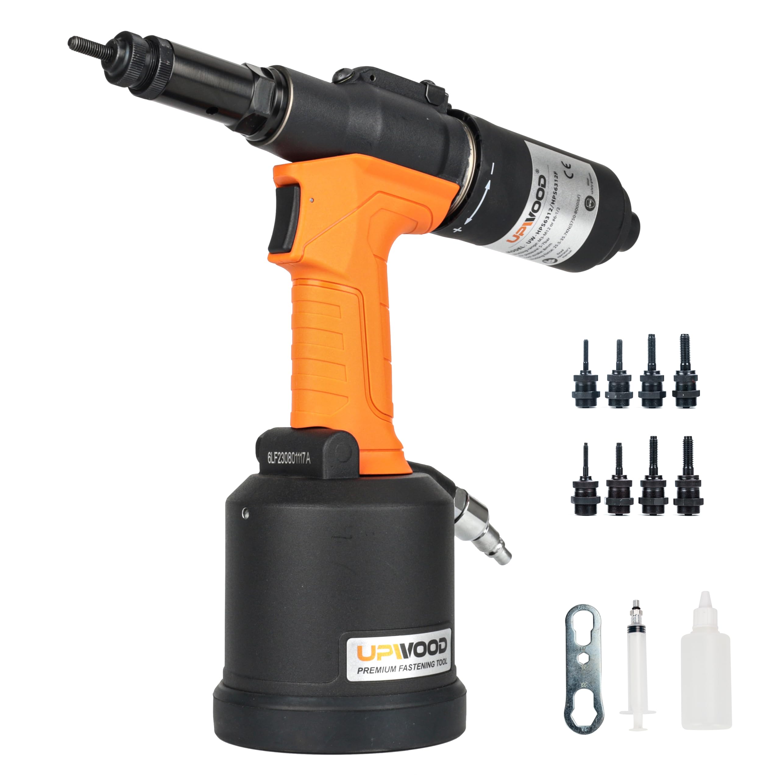 Photo 1 of UPWOOD Heavy Duty Air Hydraulic Rivet Nut Tool with reversible button, HPS6312F Pneumatic Riveter Automatic Rivet Nut Gun Tool Setting Kit Come with 8 Size Metric and SAE Nose-Piece Assembly